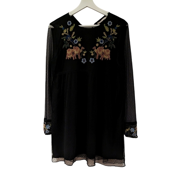 ZARA Plumetis Floral Camel Embroidered Black Mesh Mini Dress size M - Picture 3 of 12